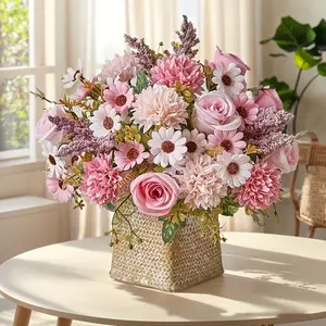 4-piece high-realistic artificial flower bouquet, featuring roses paired with daisies and chrysanthemums. This pink bouquet is perfect for table centerpieces, weddings, parties, home and spring decorations, and is an ideal gift for Mother's Day.