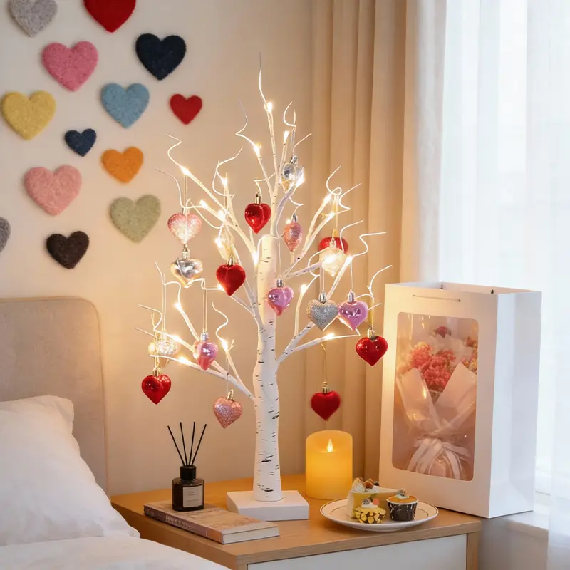 Valentine's Day Heart Ornaments with Birch Tree Lights 18 heart-shaped decorative pendants Battery + USB powered Ideal for wedding decorations, birthday parties, anniversaries, living room tabletops, and bedroom bedside ambiance lighting