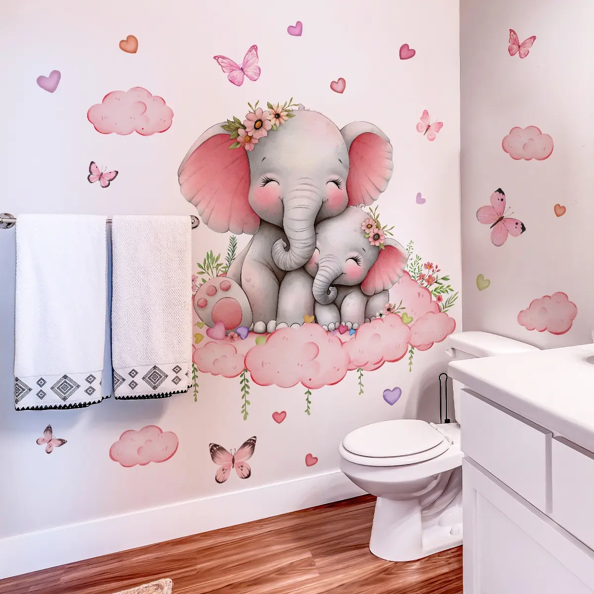 A set of two (30*90cm*2pcs) creative hand-painted pink elephant, butterfly and cloud wall stickers for living room, bedroom, princess room decoration background wall decals Sticker Decorations (M16098-YJ)
