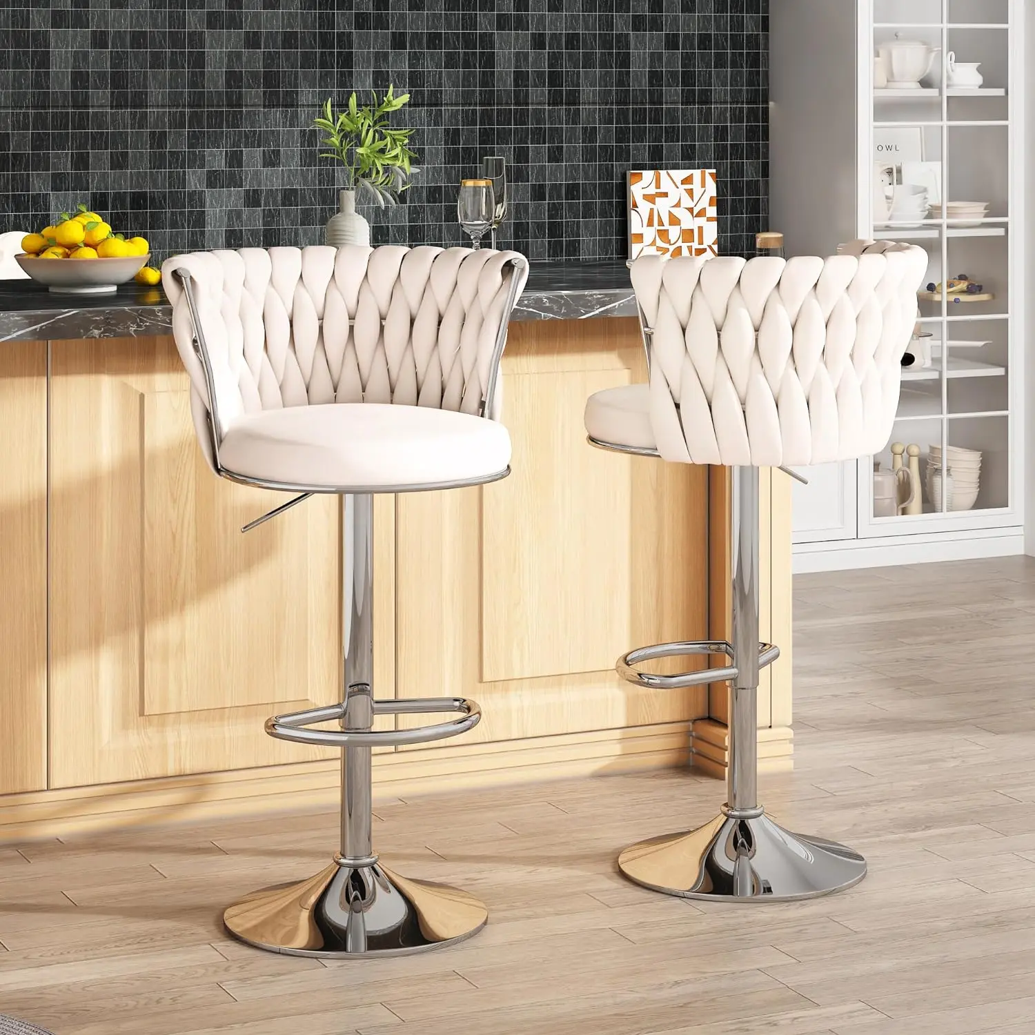 AWQM Velvet Bar Stools Set of 2, Modern Swivel Bar Chairs with Adjustable Height, Upholstered Kitchen Island Chairs,,Beige, Black, Grey.summervibes