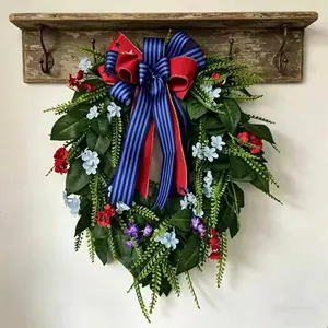 Elegant Blue Patriotic Wreath, Mixed Floral Arrangement with Blue Striped Bow, Memorial Day and Veterans Day Door Decor
