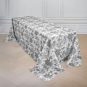 Polyester Rectangular Tablecloth 90"x132" White with Black French Toile Pattern - Sophisticated Seamless Table Cover for Chic Weddings & Events