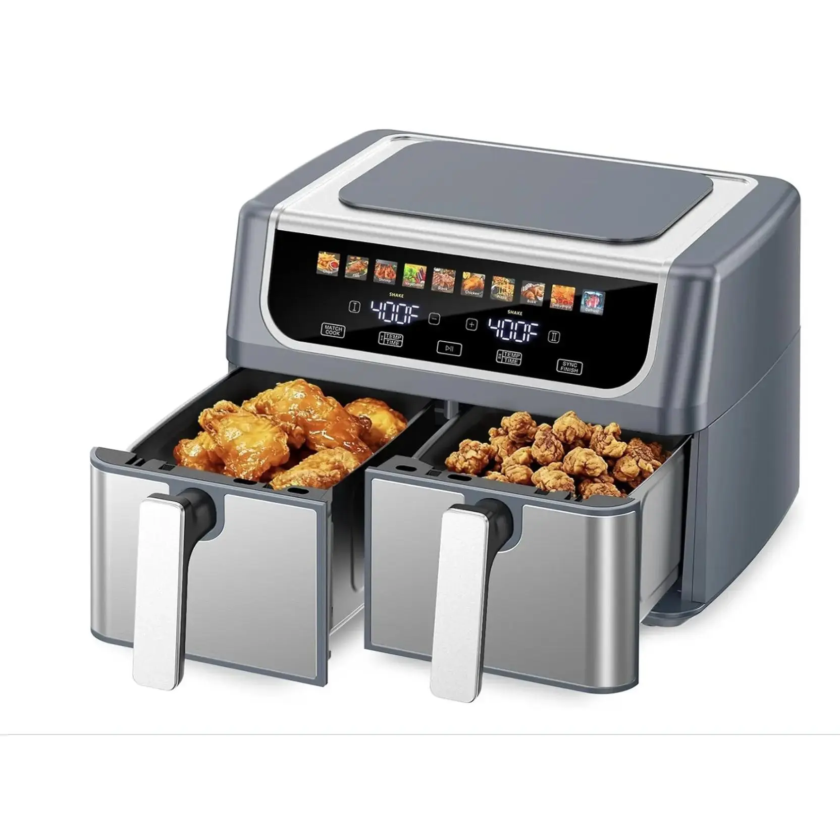 9.5QT Dual Basket Air Fryer Large Double Air Fryer with Independent Temperature Control Sync Finish and 10-in-1 Presets Grey Black