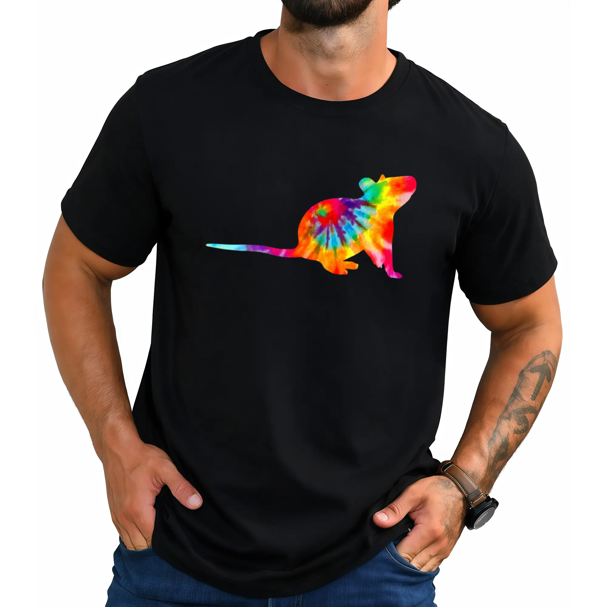 Men's Vintage Rat Graphic T-Shirt - Heavyweight Cotton Tee with Retro Pink & Yellow Rat Print, Soft Crewneck Casual Shirt for Rat Lovers, Ideal Gift for Pet Owners - Year-Round Comfortable Wear