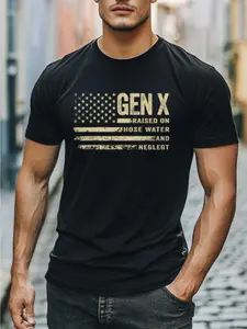 Gen X Retro Graphic T-Shirt for Men - Raised on Hose Water & Neglect Vintage American Flag Design, 100% 180Gsm Crew Neck Short Sleeve, Regular Fit Casual Tee for Fathers Day, Independence Day & Christmas Gifts, T Shirts Vintage, Allseason Apparel