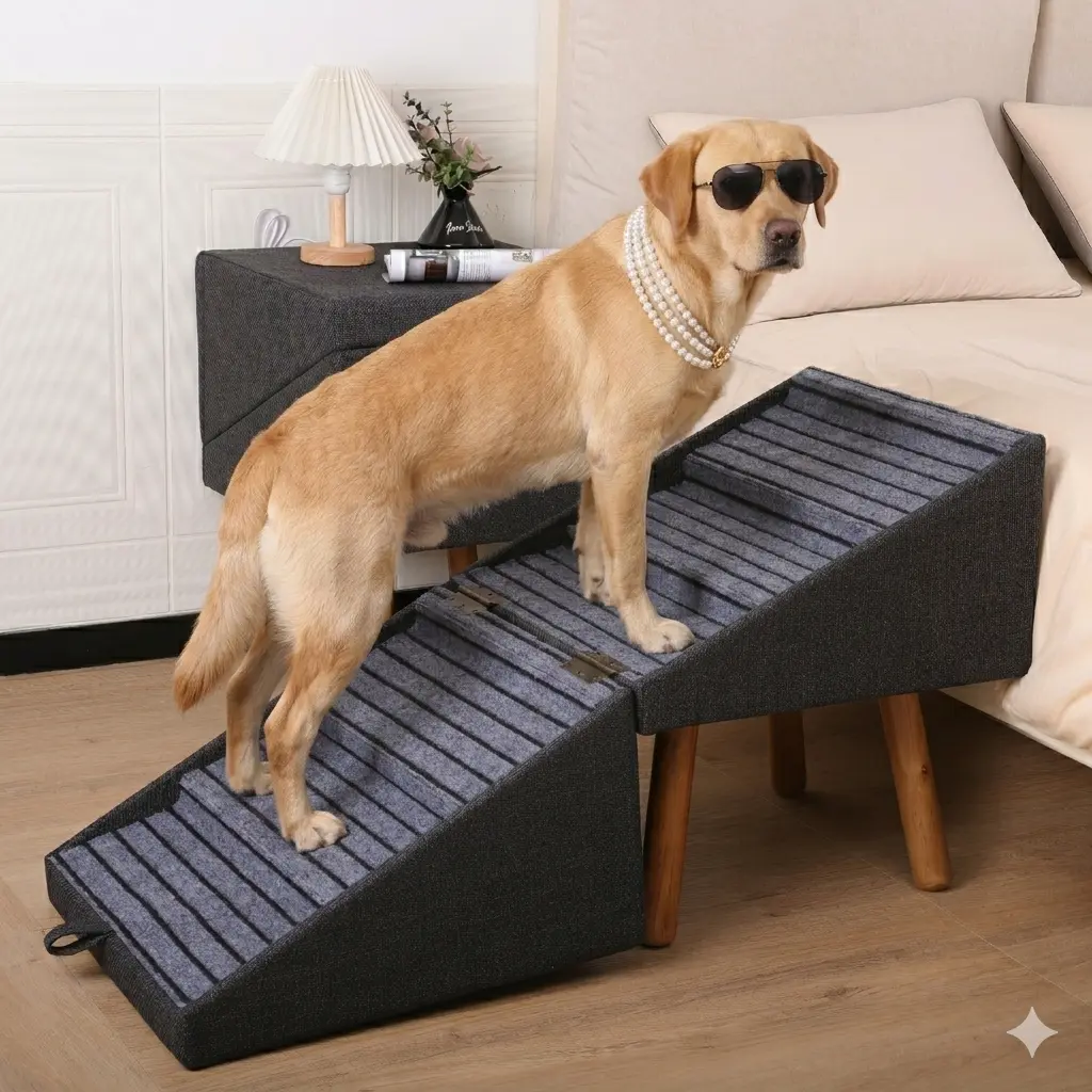 21" Tall Dog Stairs Ramp for Bed | 2-in-1 Wooden Ottoman Dog Ramp, Foldable Pet Steps for Small, Large & Senior Dogs, Helps Protect Joints & Prevent Injury, Stable Solid Wood Feet