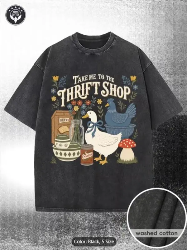 Men's Classic Cotton Short-Sleeve Graphic T-Shirt - Washable, Fashion Vintage-Pattern Top with "Take Me to The Thrift Store" Decorative Font & Cute White Duck Illustration, Multiple Colors Available, Loose
