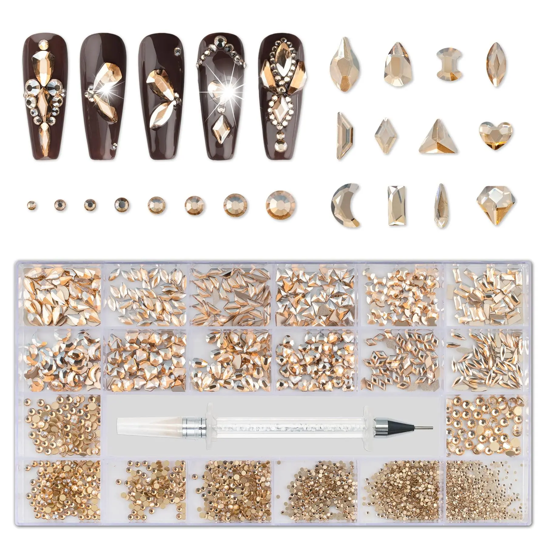 1 box of 20-piece assorted flat rhinestone set comes with a rhinestone applicator pen and red glitter AB-coated nail art decorations, suitable for DIY nail art, clothing, and accessories, perfect for adding charm to women’s nails.