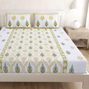 Elevate Bedroom Comfort | Indian Cotton Fitted Sheet Set with Ethnic Elegance | King & Queen Sizes for Serene Sleep