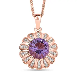 Rose De  Amethyst and White Zircon 3.90 ctw Lavender Bloom Pendant in 18K Rose Gold Plated with ION Plated Rose Gold Stainless Steel Necklace 20 Inches