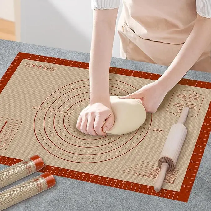 Silicone Baking Mat with Measurements, Extra Large 0.7mm 24" x 16" Pastry Dough Sheet, Pie Crust Rolling Sour Dough Tools, Supplies for Making Pizza, Pie, Bread, Non Stick