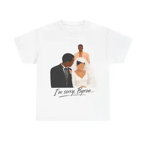 Men's Cotton Knit Ribbed Round Neck Casual Short-Sleeve T-Shirt - Relaxed Fit, Breathable Soft Fabric, "I'm Sorry Byron" Wedding Scene Print, Bride Groom Illustration, Classic Streetwear Menswear Pairable with Jeans