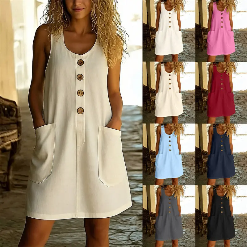 Women's Casual U-Neck Sleeveless Button-Front Dress, Breathable Cotton Casual Wear, Comfortable Elegant Womenswear, Everyday, Fabric, Linen, Soft, Solid, Front Buttons, U Neck Casual Dresses