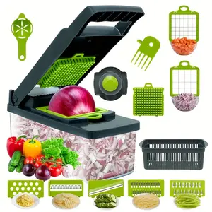 14-Piece Master Chef Vegetable & Fruit Chopper Set - Effortless Manual Slicing, Dicing & Mincing with Interchangeable Blades, BPA-Free Container, Space-Saving Design - Perfect Household Kitchen Gadgets for Home Cooks