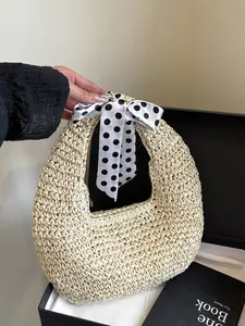 Women's Polka Dot Scarf-Decorated Straw Handbag, Casual Trendy Handbag, Single Shoulder Straw Bag, Elegant and Stylish Accessory for Daily Use