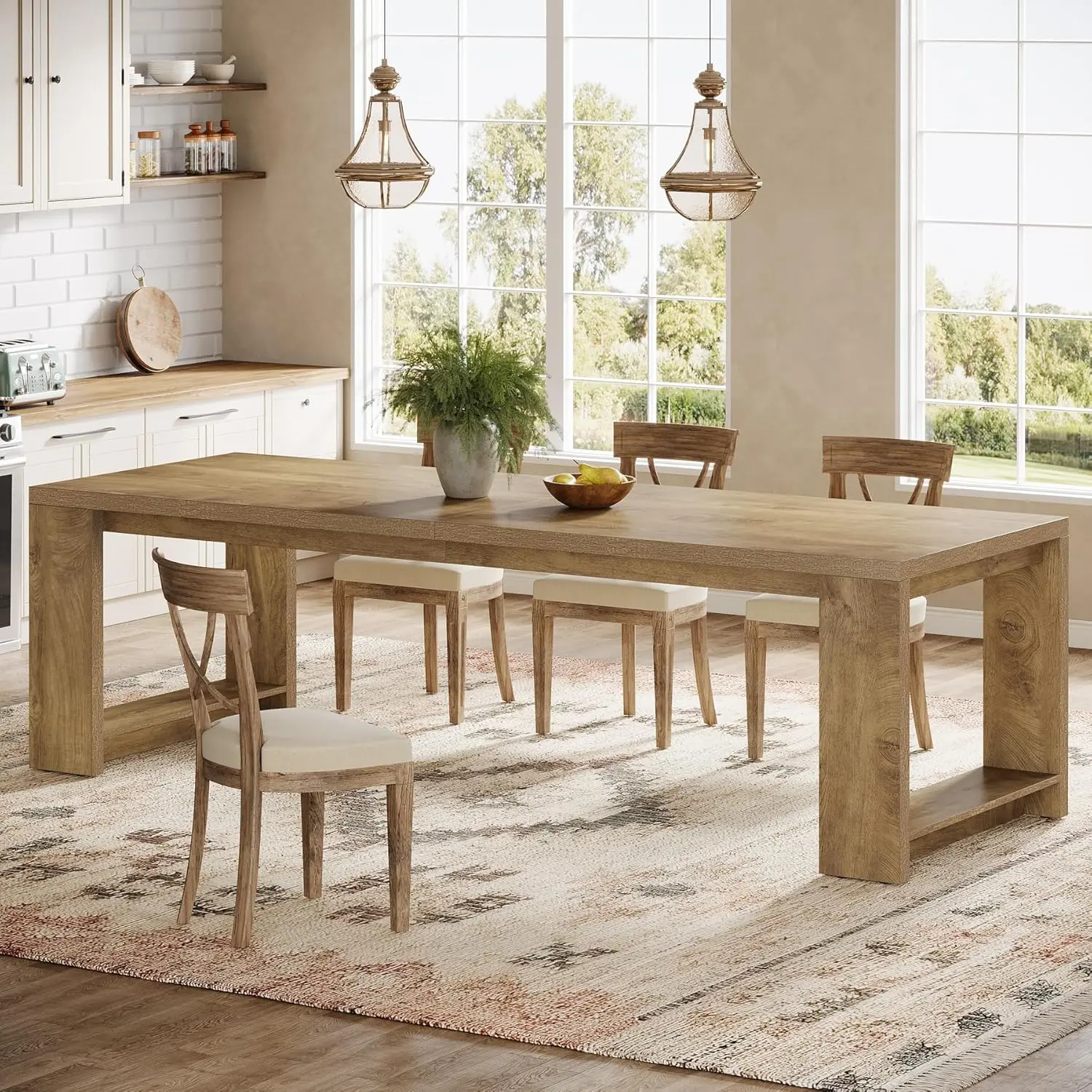 LITTLE TREE 86.61-Inch Dining Table for 6-8, Farmhouse Narrow Kitchen Table with Pedestal Base, Extra Long Rectangular Dining Room Furniture