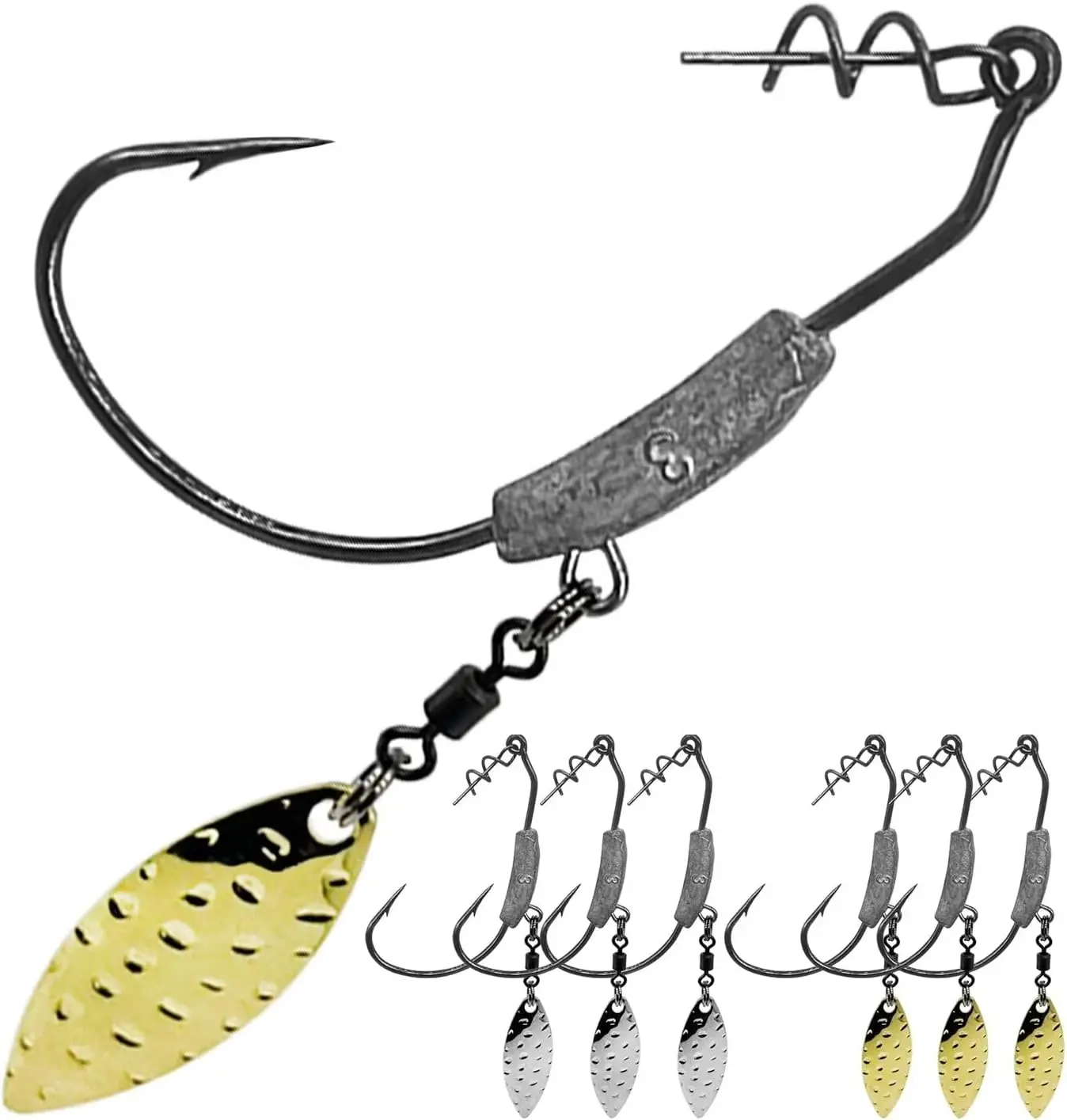 Weighted Swimbait Hooks, 6 count Underspin Swimbait Hook with Twistlock, Weighted Crank Hooks with / Spinner  for Soft Fishing Lures