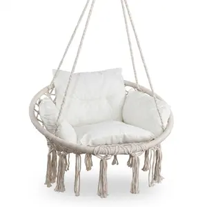 Macrame Hanging Chair - Handwoven Cotton Hammock Chair Swing for Garden, Patio, Bedroom & Balcony, Includes Pillow & Hanging Kit