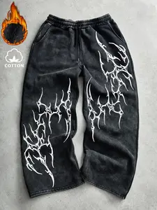 Men's Casual Sportswear Long Pants, Gothic Thorn Pattern Print, Drawstring Wide Leg, Loose Fit, All Seasons, Men's Clothing, Drawstring Waist Athleisure, Athleisure Style Bottoms