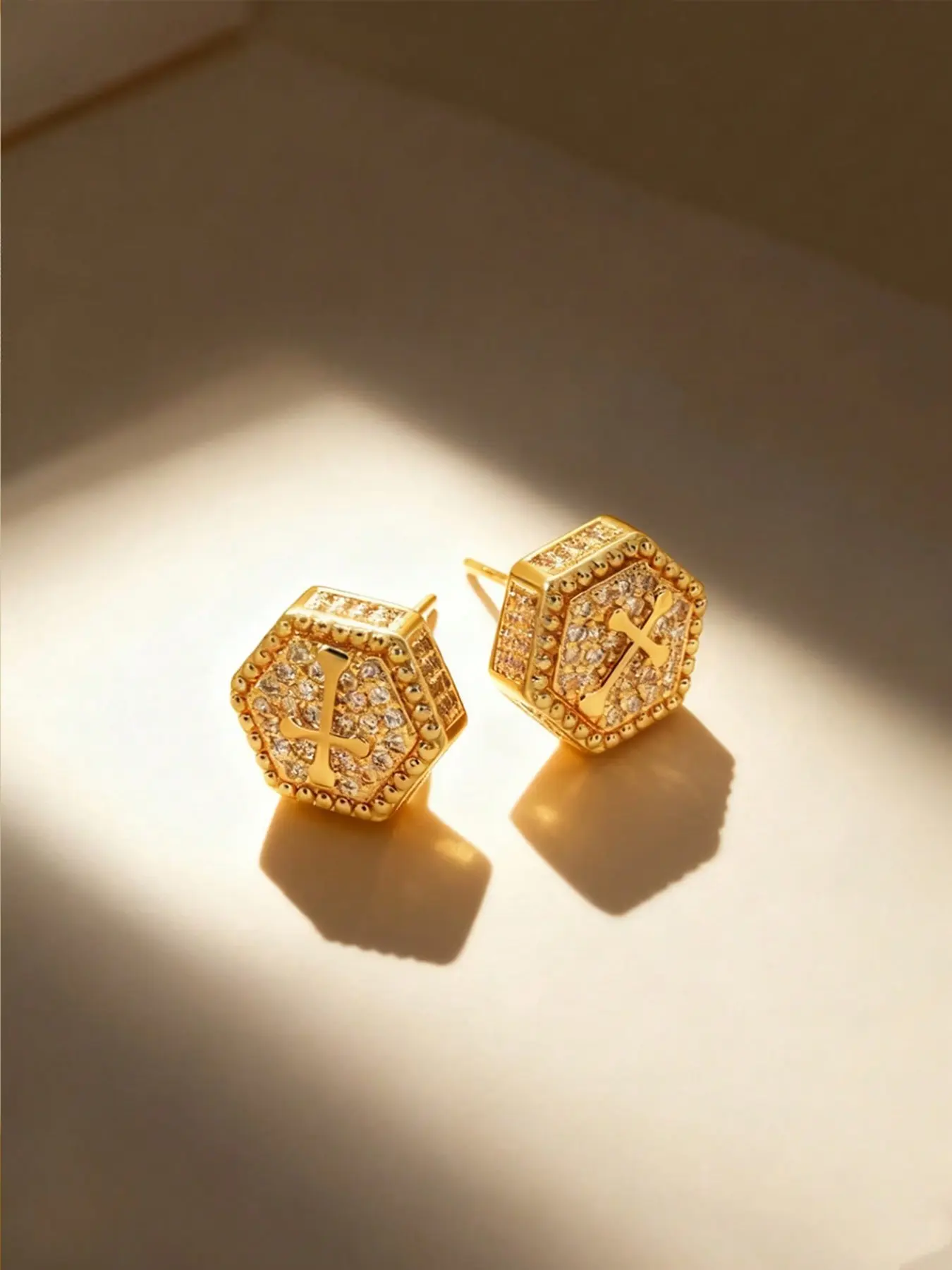 18k Gold Plated Hexagonal Cross Earrings, Geometric Earrings, Crystal Embedded Religious Symbol Jewelry, Trendy Street Style, Faith-Inspired Design, Earring Studs
