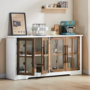Amerlife 63" Durable Chic Farmhouse Double-Wide Kitchen Sideboard - Wooden Storage Cabinet with 4 Glass Doors, Adjustable Shelves, Vintage Design, Ideal for Kitchen/Farmhouse TV Use, Christmas Gift Option