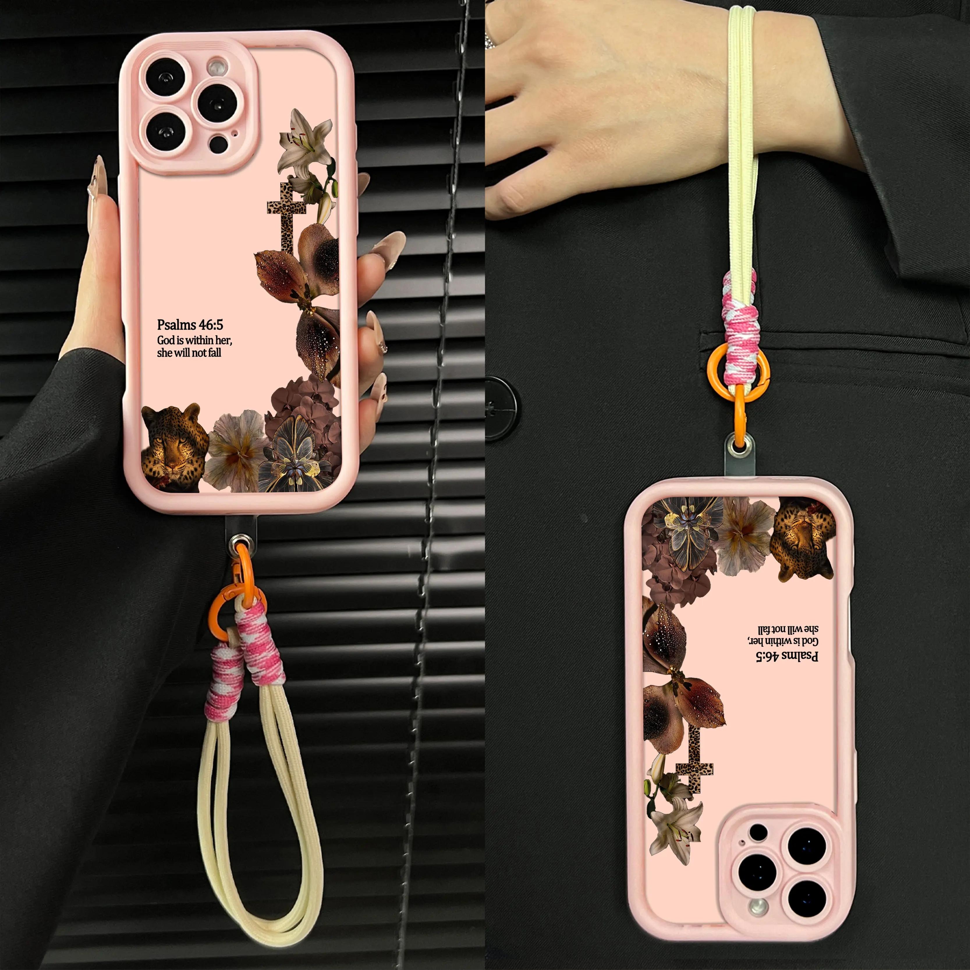 Aesthetic Leopard Print Bible Verse Phone Case for iPhone 17 Pro Max Air 16 15 Plus 14 13 12 11 with Wrist Strap Lanyard Psalms 46 5 Christian Religious Faith Gift Shockproof Protective Case