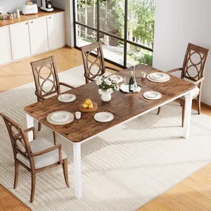 Garvee Industrial Dining Table for 6-8 with Plain Wood Top, Sturdy Metal Legs, Chamfered Corners, Modern Farmhouse Style, Easy Assembly, Ideal for Kitchen, Dining Room, and Living Room