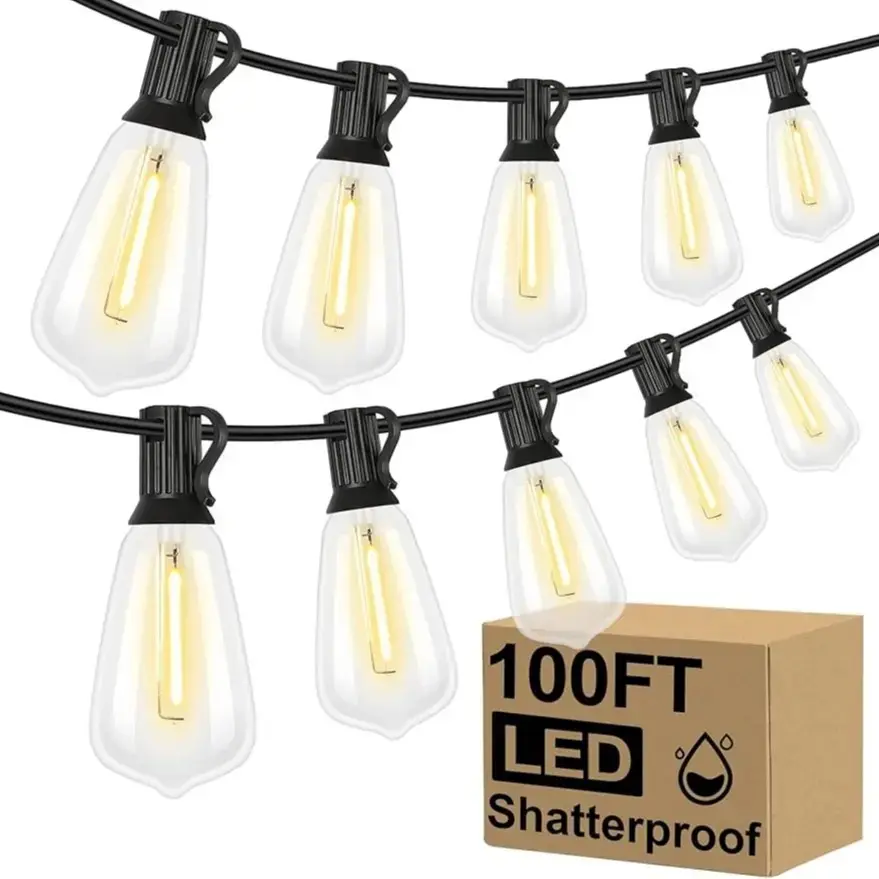 LED Outdoor String Lights 100FT Patio Lights with 52 Shatterproof ST38 Vintage Edison Bulbs, Outside Hanging Light Waterproof Decorative Led Light for Porch, Deck, Garden, Backyard, Balcony Illuminating LED Led Decoration