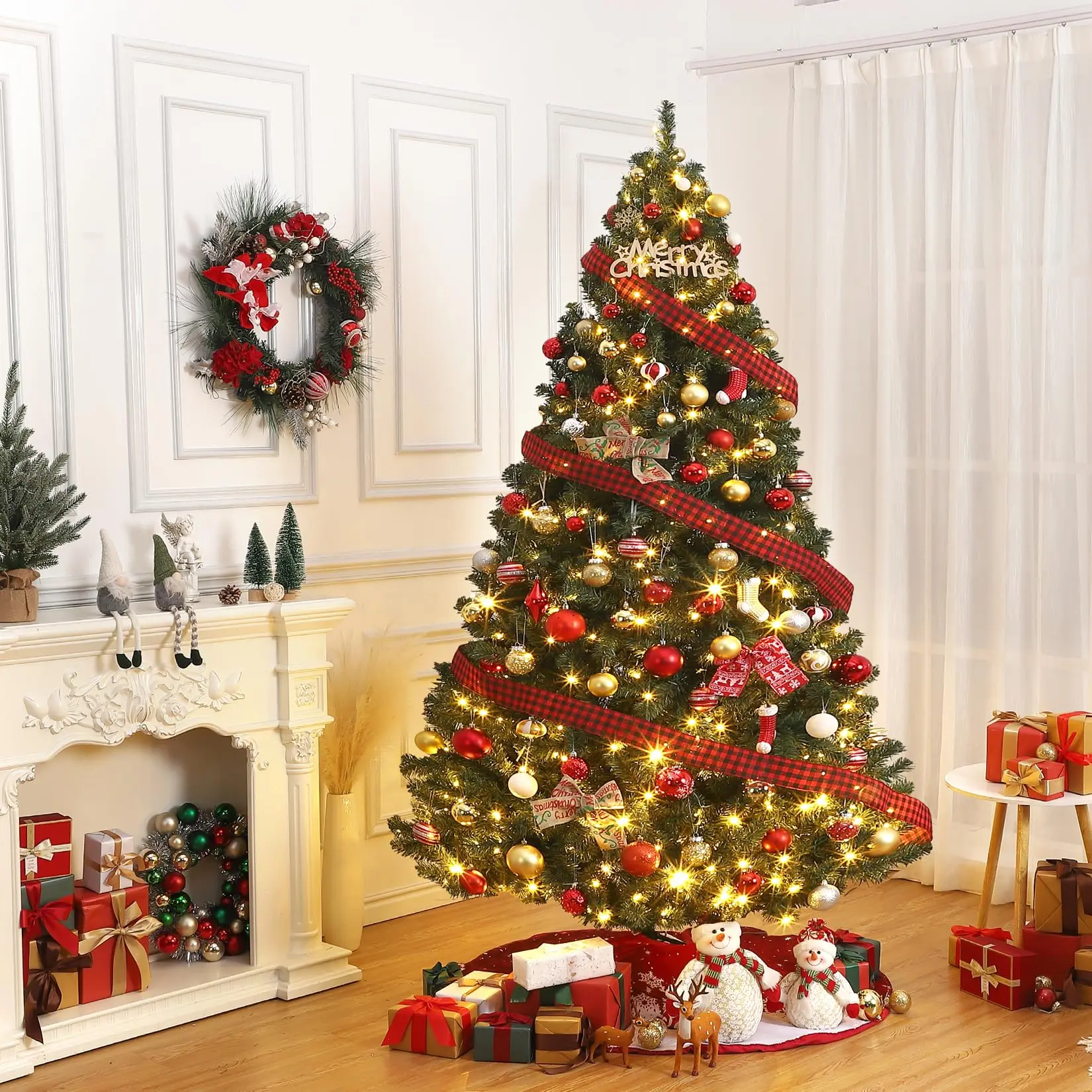 6ft Prelit Christmas Tree - Fluffy Fraser Fir with 250 Multicolor Lights & 9 Modes, Hinged Branches & 800 Tips, Artificial Christmas Tree Includes Stand with Foot Switch for Holiday Home Decor