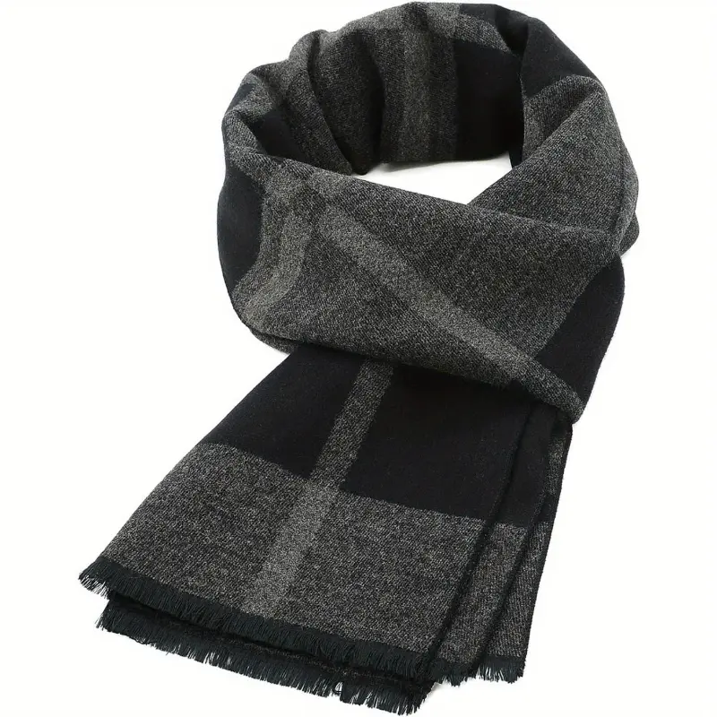 Men's Long Soft Plaid Knitted Scarf - Winter Warm Tassel Accessory, Viscose-Polyester Blend, Mature Style Fashion Scarf, Knitting, Male Wear, Plaid Check, Soft Knitted, Viscose Blend, Rectangular Scarf