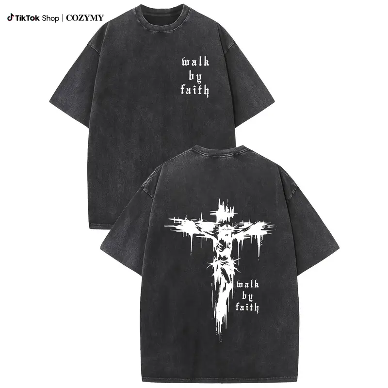 Unisex 100% Cotton Cross & Faith Over Fear Slogan Print Washed Distressed Short Sleeve Tee, Regular Fit Vintage Trendy Casual Relaxed Comfy Round Neck T-shirt for Daily Wear, Men's All Seasons Top, Summer Clothes, Christian Apparel Soft Graphics