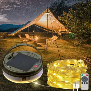 Solar Camping String Lights, 39.4FT Fairy String Lights 150LEDs, Portable Waterproof Camping Lamp with 8 Lighting Modes, Hanging Rechargeable Tent Lantern for Awning Garden Party Decor-Remote Control
