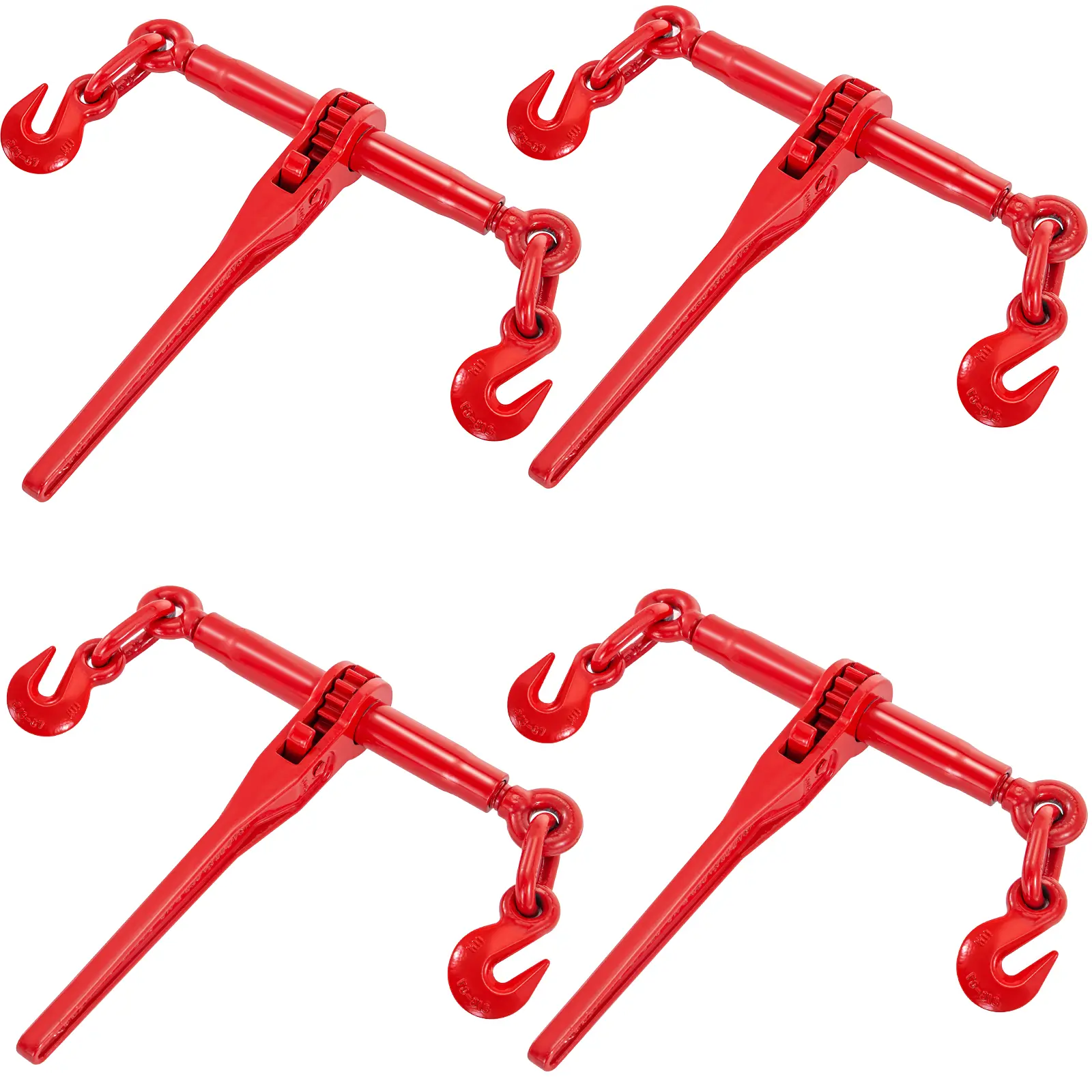 VEVOR 4-Pack Heavy Duty Ratchet Binders, Red Powder-Coated Steel Tie Down Hardware, 9215 lbs Load Capacity for 3/8" to 1/2" Chains, Shackle, Manual, Hand Winch, Car Accessories, Trucks, Logging, Industrial, Load Cap., Manual Lever, Towing Cargo, 14'' Long