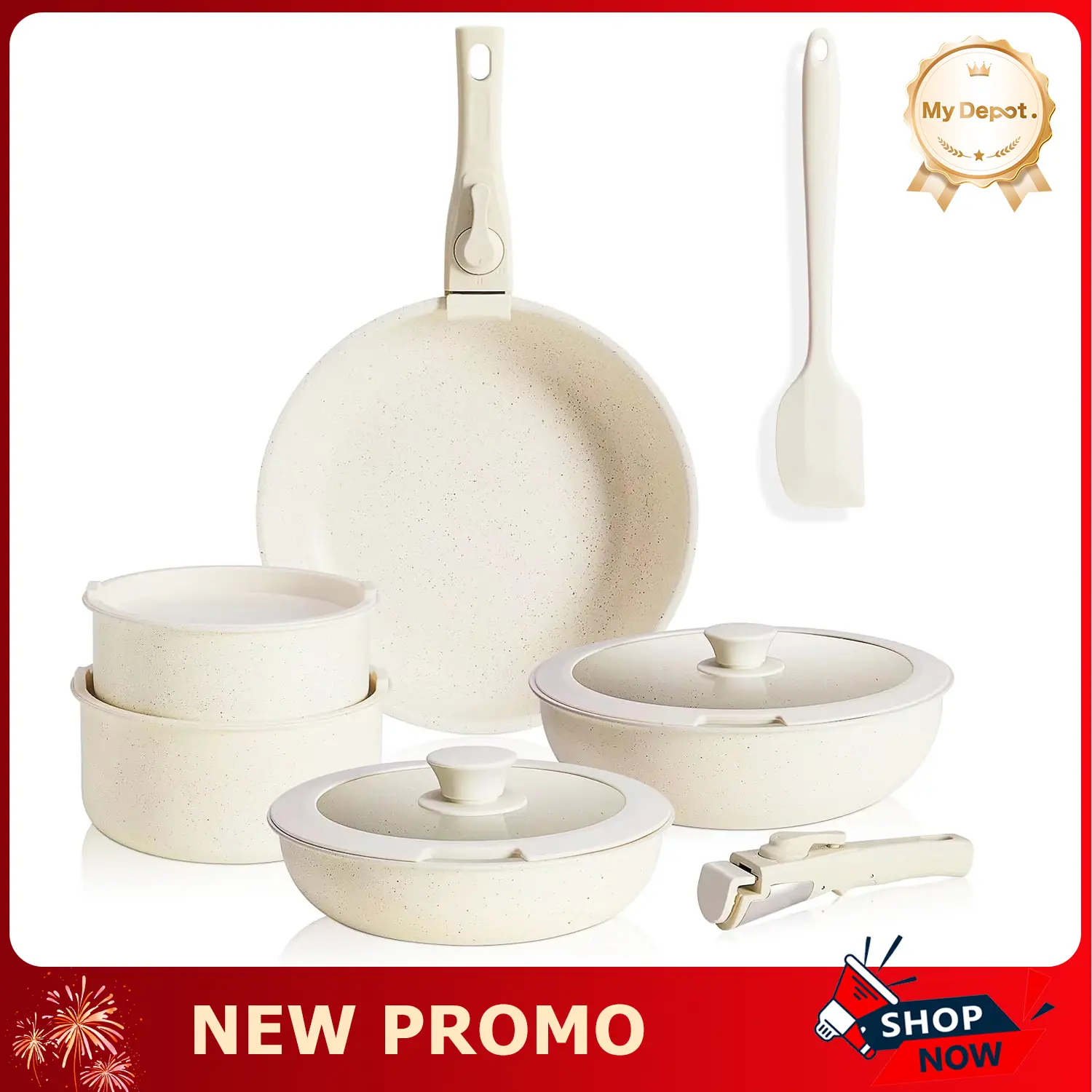 12-Piece Ceramic Nonstick Pots and Pans Set, Multi-Size Cookware with Detachable Handle, 7" Saucepan, Frying Pan, Oven-Safe, Cream White with Silicone Lids and Utensils for Beginners