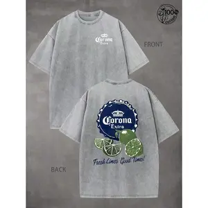 Summer Tops2026Corona Extra "Fresh Limes Good Times" T-Shirt, Retro Washed T-Shirt With Double-Sided Printed (230G Pure Cotton T-Shirt),Crew Neck, Short Sleeves,Casual Wear With Design, Men's Fall Clothes, Vintage T-Shirt,Unisex Graphic Tee,Men Giftssumme