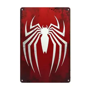 1pc Red Background Spider-Man Logo Tin Painting Metal Tin Sign - Rustic Iron Wall Art for Home, Office, Cafe, Bar, and Garage Decor - Easy to Hang, Versatile for Holiday and Seasonal Decorations Vintage Metal Sign