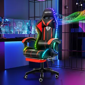 HOFFREE RGB Gaming Chair with Speakers Massage Computer Gaming Chair with LED Lights and Footrest High Back Video Game Chair for Adults Red and Black