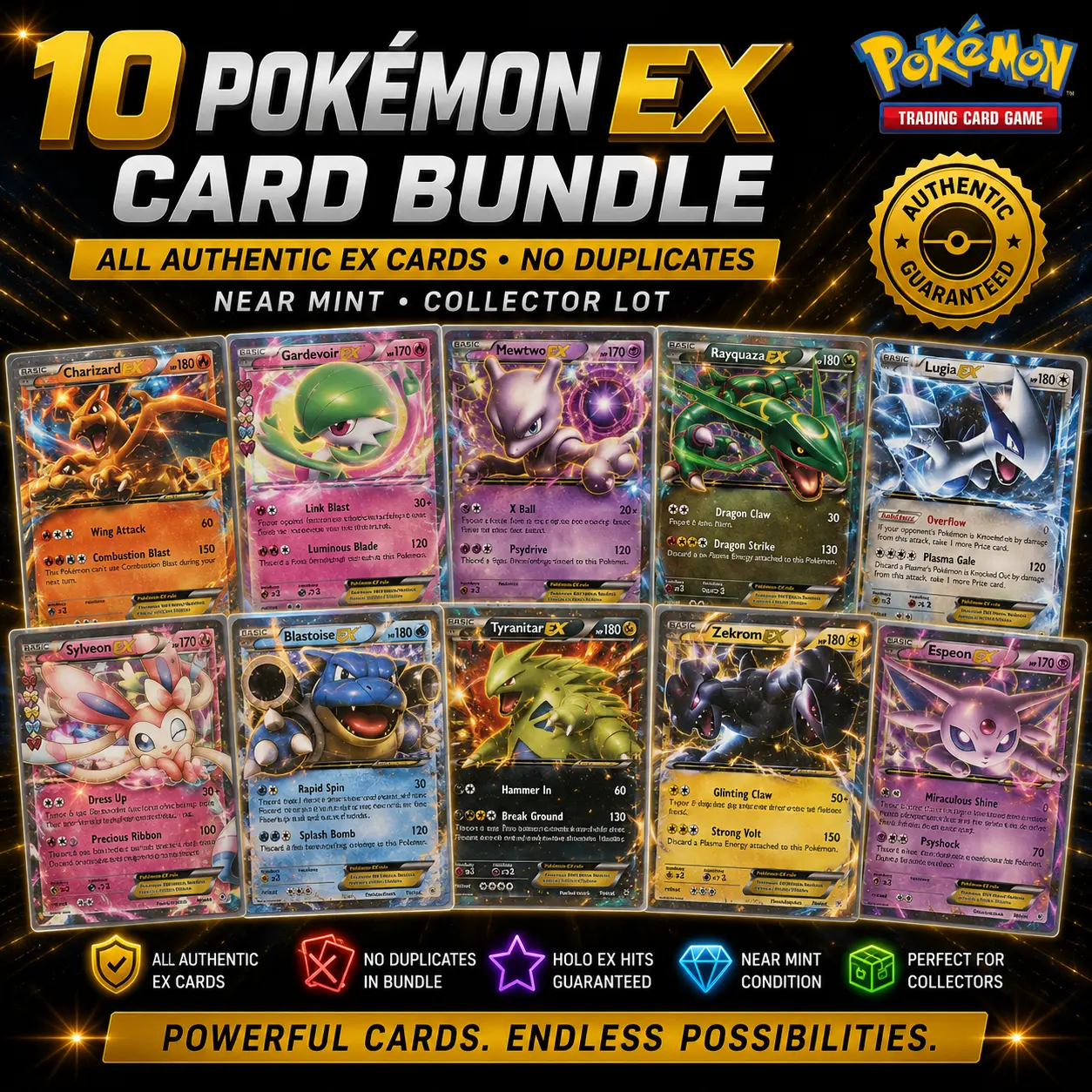 10 Pokemon EX Card Bundle - All Authentic EX Cards, No Duplicates, Near Mint | Collector Lot with Holo EX Hits