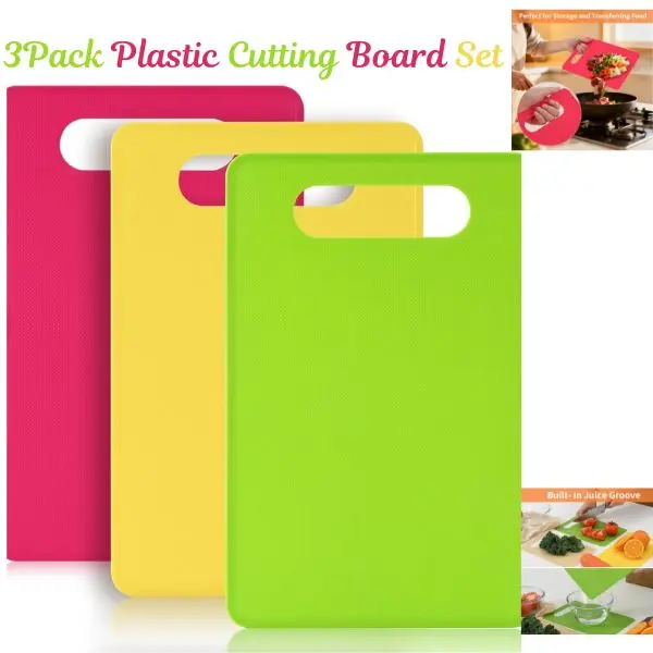 Plastic Cutting Board Set (3 Pack) – BPA-Free Color Coded Chopping Boards for Kitchen, Non-Slip & Dishwasher Safe Cutting Mats for Meat, Vegetables & Fruit, Small Space-Saving Boards with Easy Grip Handle