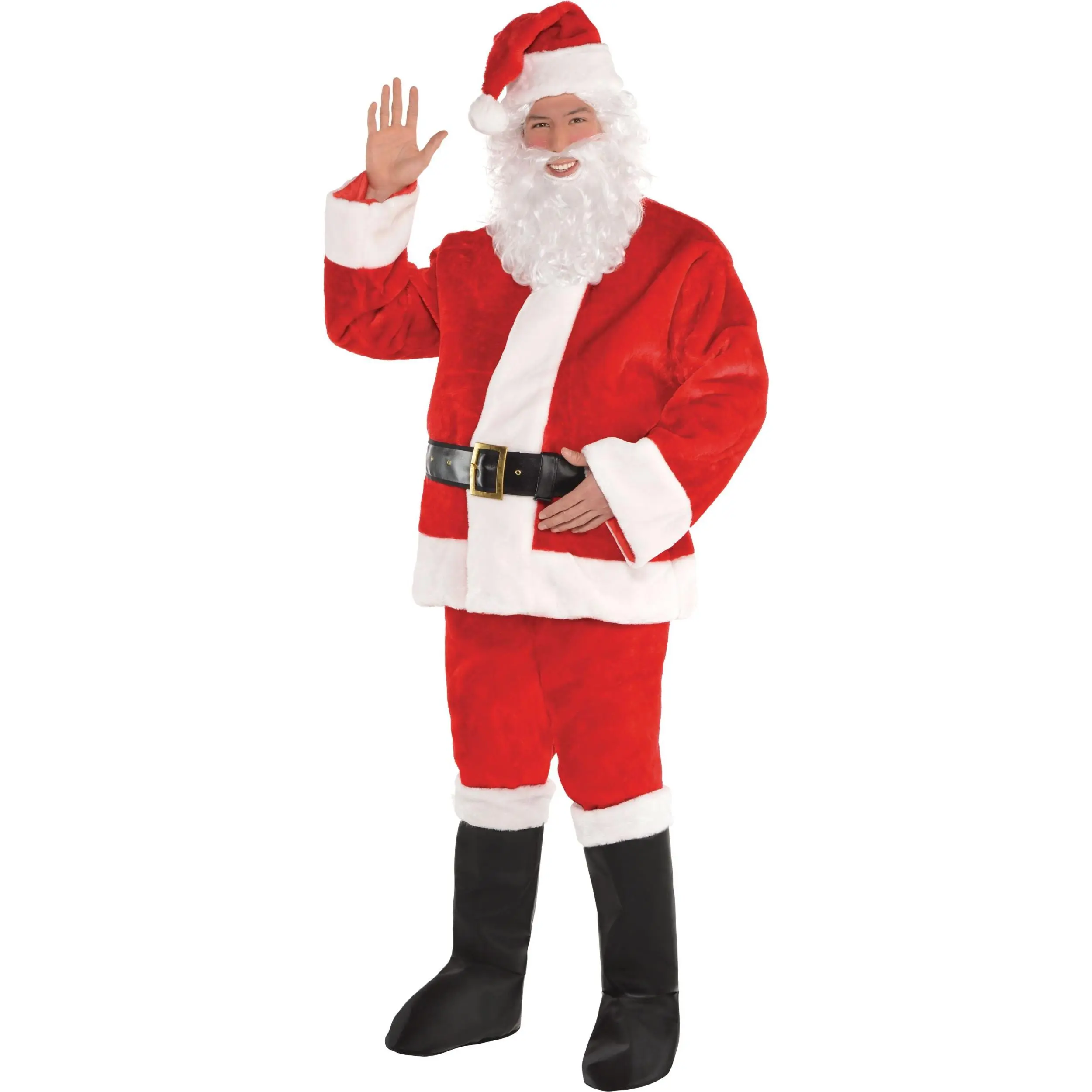 Classic Adult Santa Claus Costume Set - Red Plush Suit with Jacket, Hat, Belt, Pants & Boot Covers