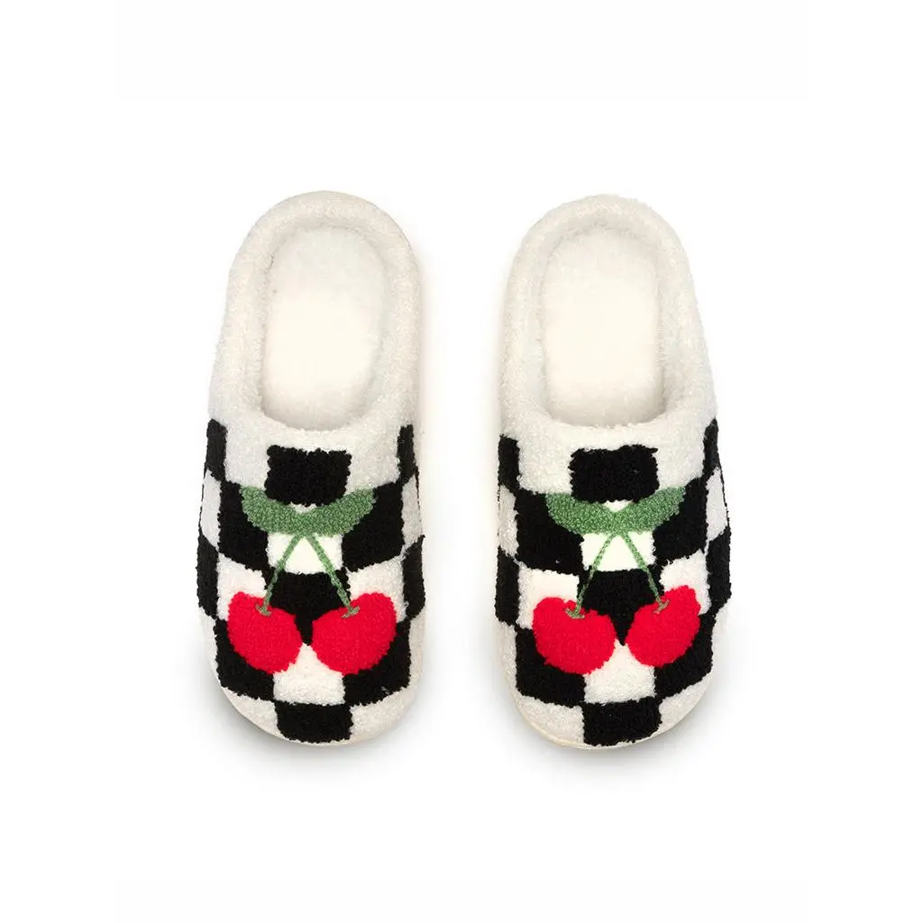 Checker Cherries Slippers | Fuzzy Non-Slip Slippers - Warm Cozy Soft Lightweight Slipper – Cute Home Slippers – Indoor & Outdoor Use - Unisex Slipper