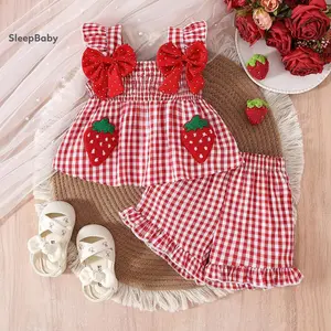 SleepBaby Toddler Baby Girl Summer Outfit Strawberry Embroidered Plaid Bows Ruffled Trim Tank Tops and Shorts 2 Pcs Set for 6-24 Months