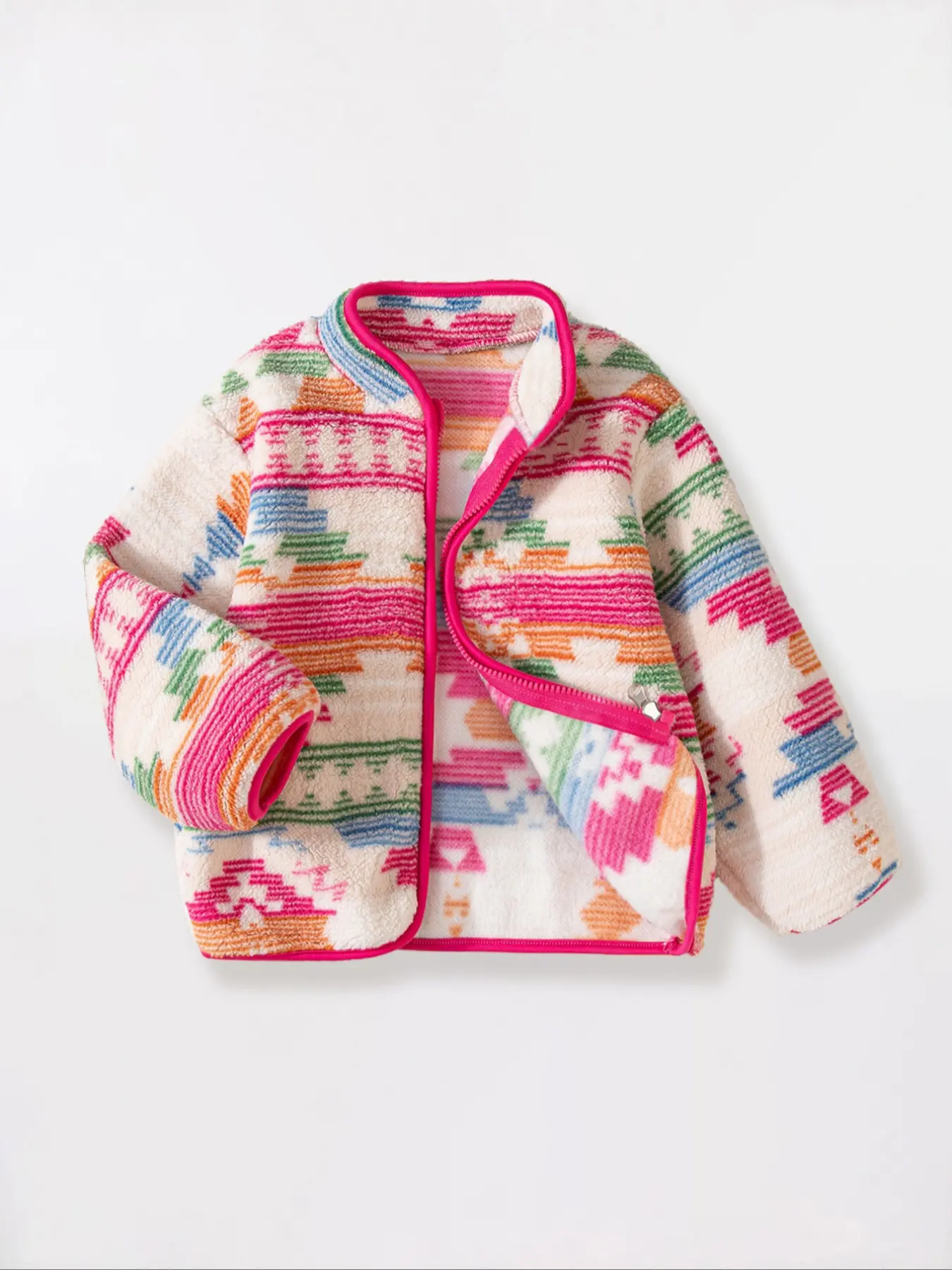 Girls' Fleece Lined Zipper Jacket, Thick Warm Casual Outerwear Coat for Fall & Winter, Stylish Printed Design for Kids, Casual Comfy Jacket, Casual Jackets