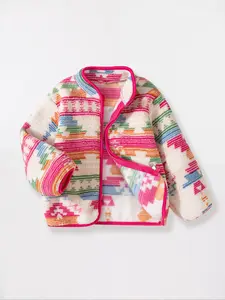 Girls' Fleece Lined Zipper Jacket, Thick Warm Casual Outerwear Coat for Fall & Winter, Stylish Printed Design for Kids, Casual Comfy Jacket