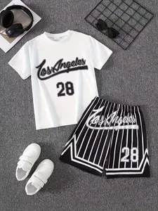 Boys' Summer Set 2-Piece Short Sleeve T-Shirt & Shorts, Geometric Pattern, Geometric Print, Matching Shorts, Short Sleeve Tee, Breathable Casual Wear, Active Kids Clothing, Perfect for Outdoor Activities