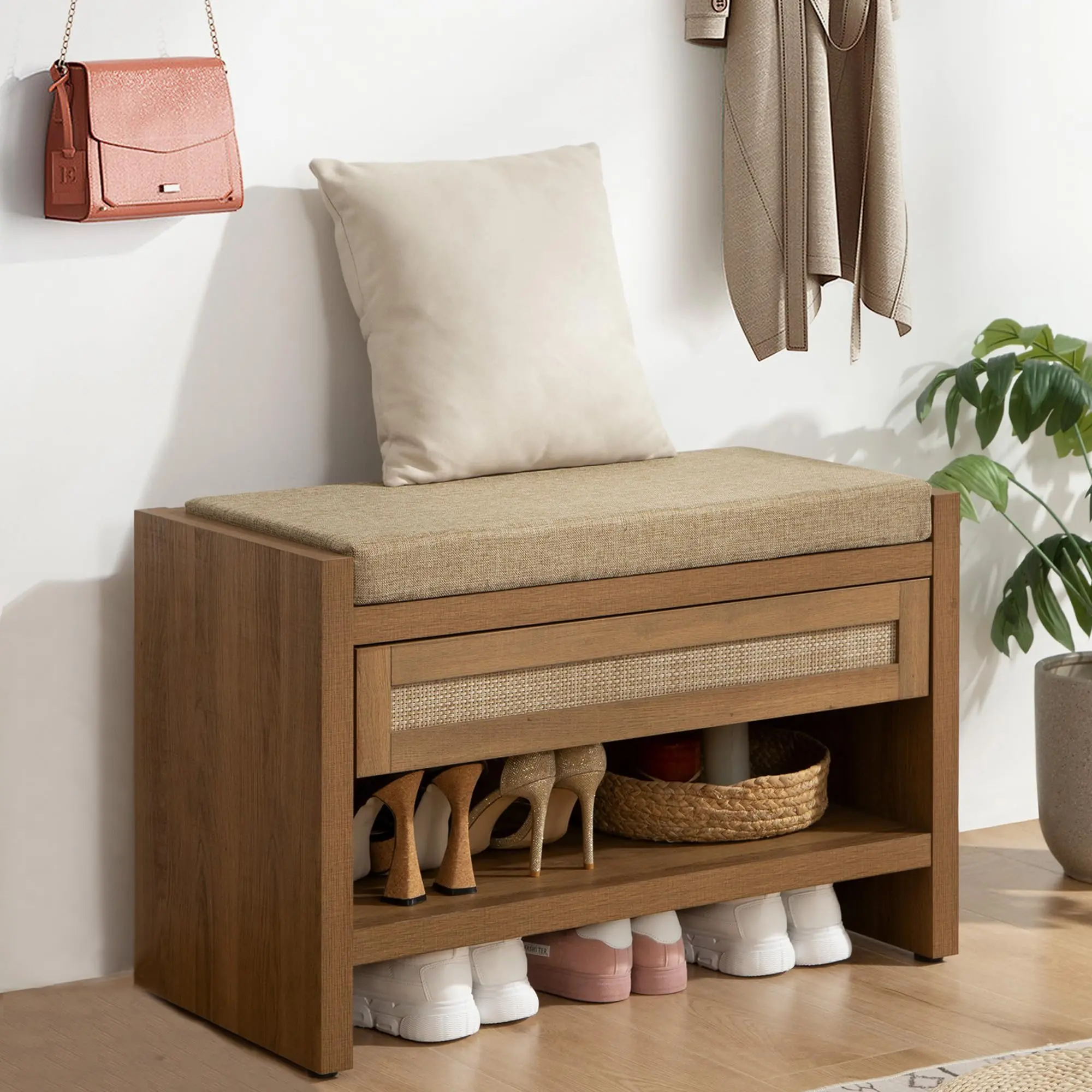 SICOTAS Rattan Shoe Bench Entryway Bench with Storage Drawer and Linen Seat Cushion, Farmhouse Boho Shoe Rack with Shelf, Wooden Storage Bench for Entryway Hallway and Bedroom