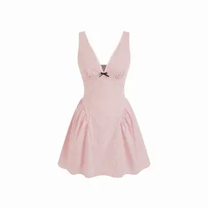 Cider V-neck Polka Dot Bowknot Smock Mini Dress