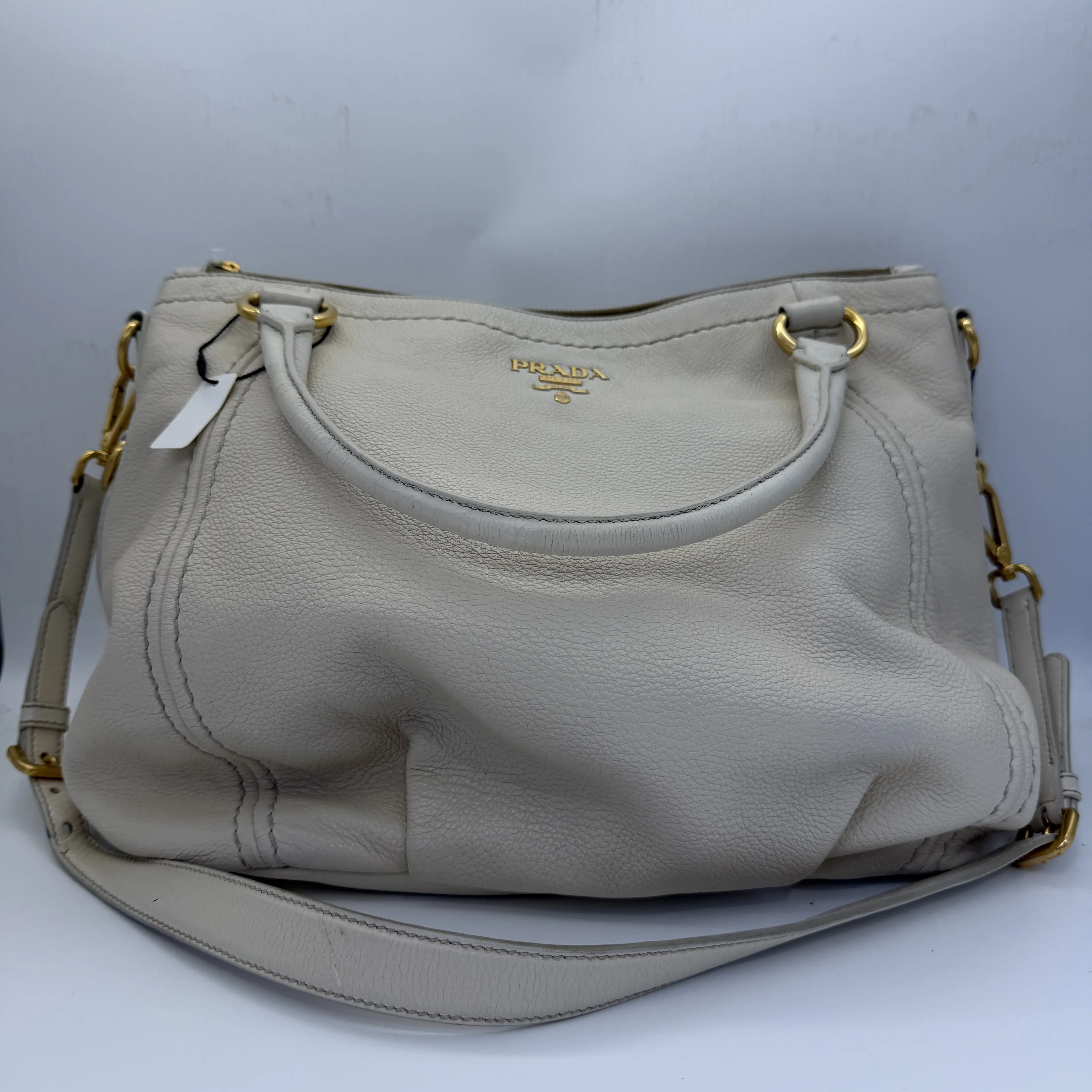Pre-owned PRADA Vitello Daino off white soft leather tote bag with a deer grain texture