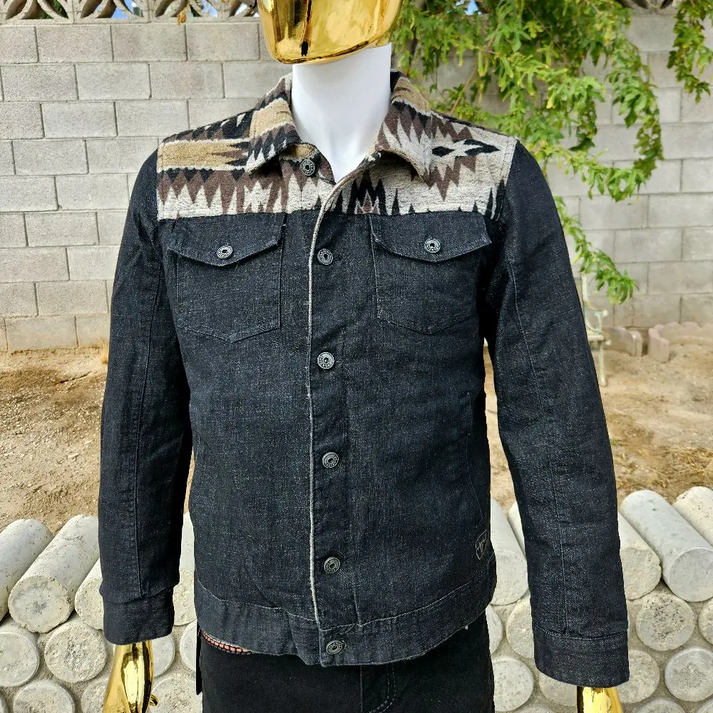 Denim Western Jacket Cowboy Style Menswear with Unique Aztec Collar and Button Front Design