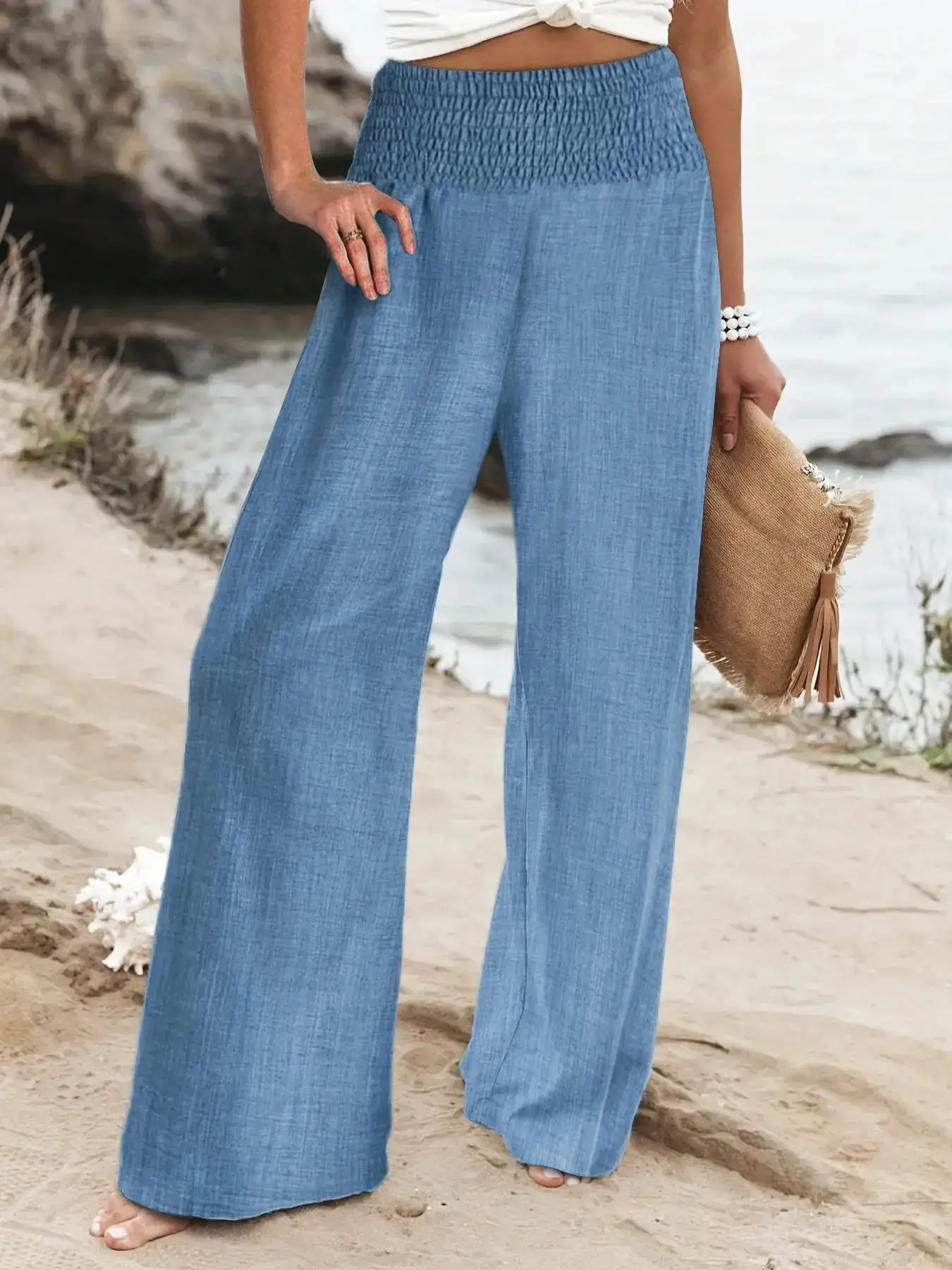 Women's Plain Shirred High Waist Wide Leg Pants, Casual Comfy Trousers for Daily Wear, Ladies Bottoms for All Seasons, Summer Outfits 2024
